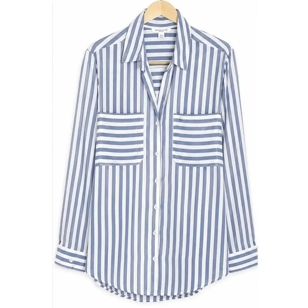 BeachLunchLounge Blue White Striped Button Front Shirt Rayon Lyocell Roll Tab S - Picture 2 of 8